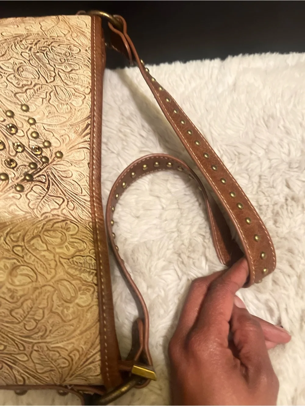 Montana West Tan and Cream Floral Embossed Western Shoulder Bag with Stud Cross